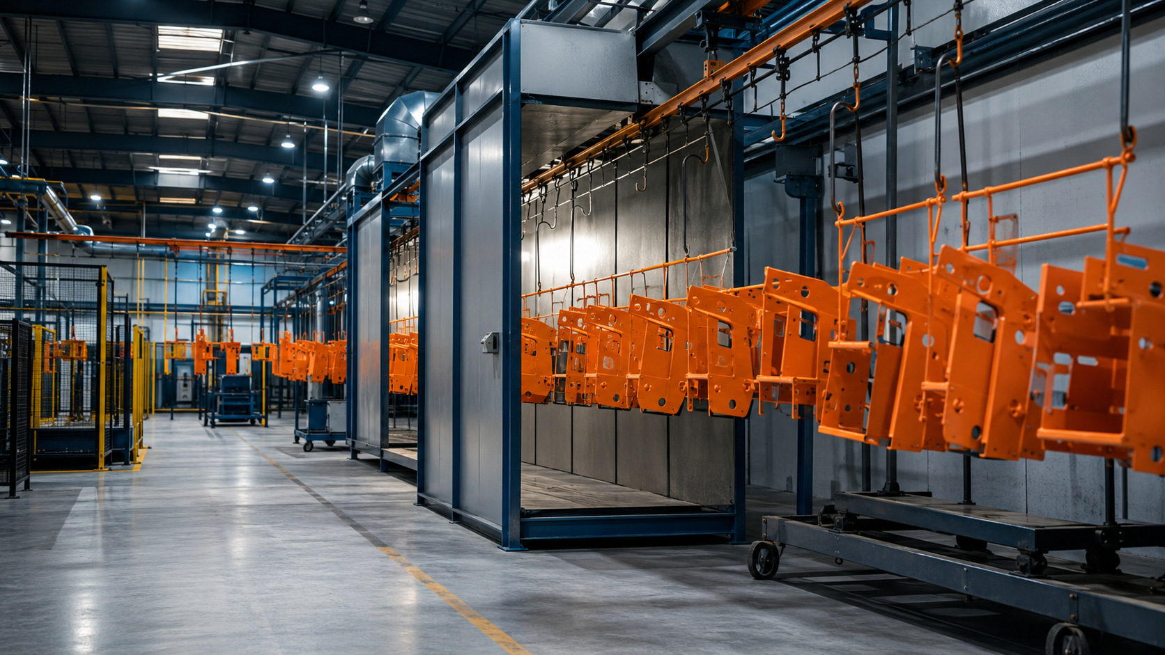Powder coating line with parts on hanging racks