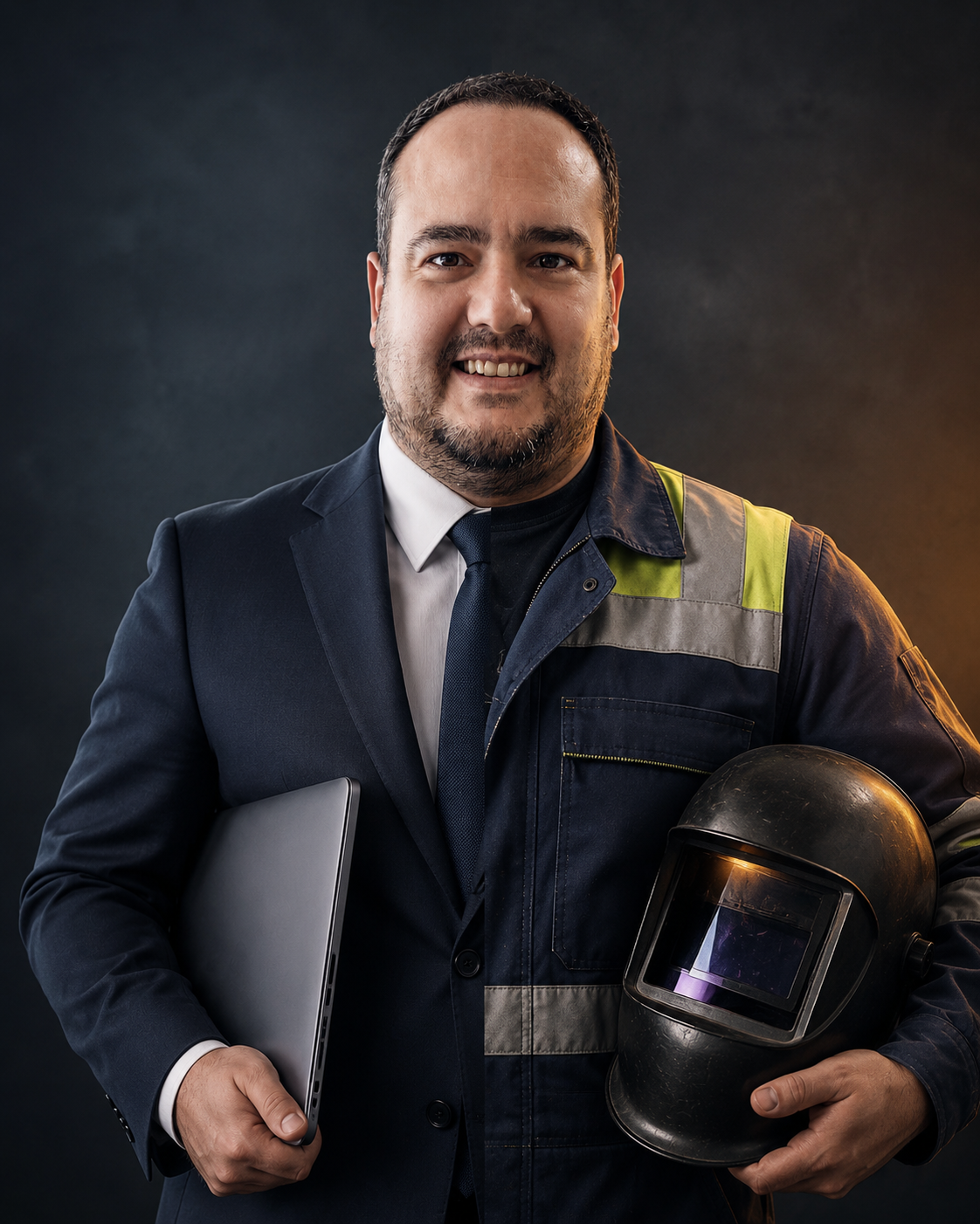 Split portrait of Marnus de Wet, half corporate consultant and half tradesman, representing his dual background