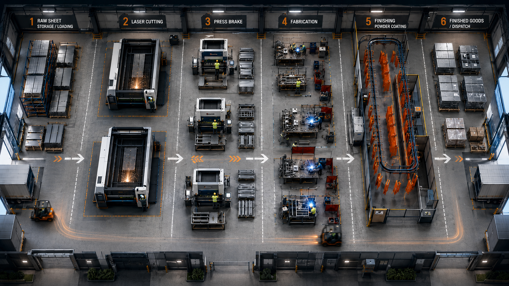 Production flow from raw sheet through laser cutting, press brake, and fabrication, to powder coating and dispatch